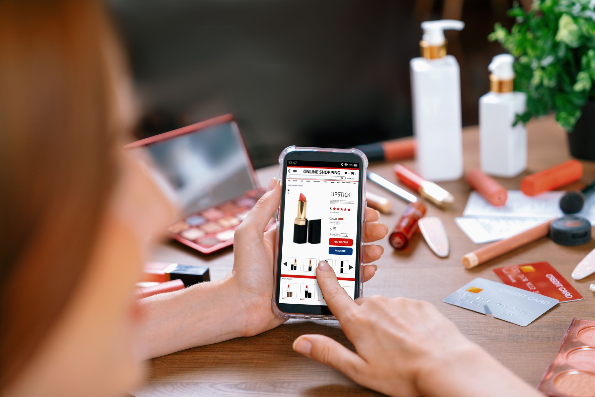 Woman shopping online on internet marketplace browsing for utmost sale items