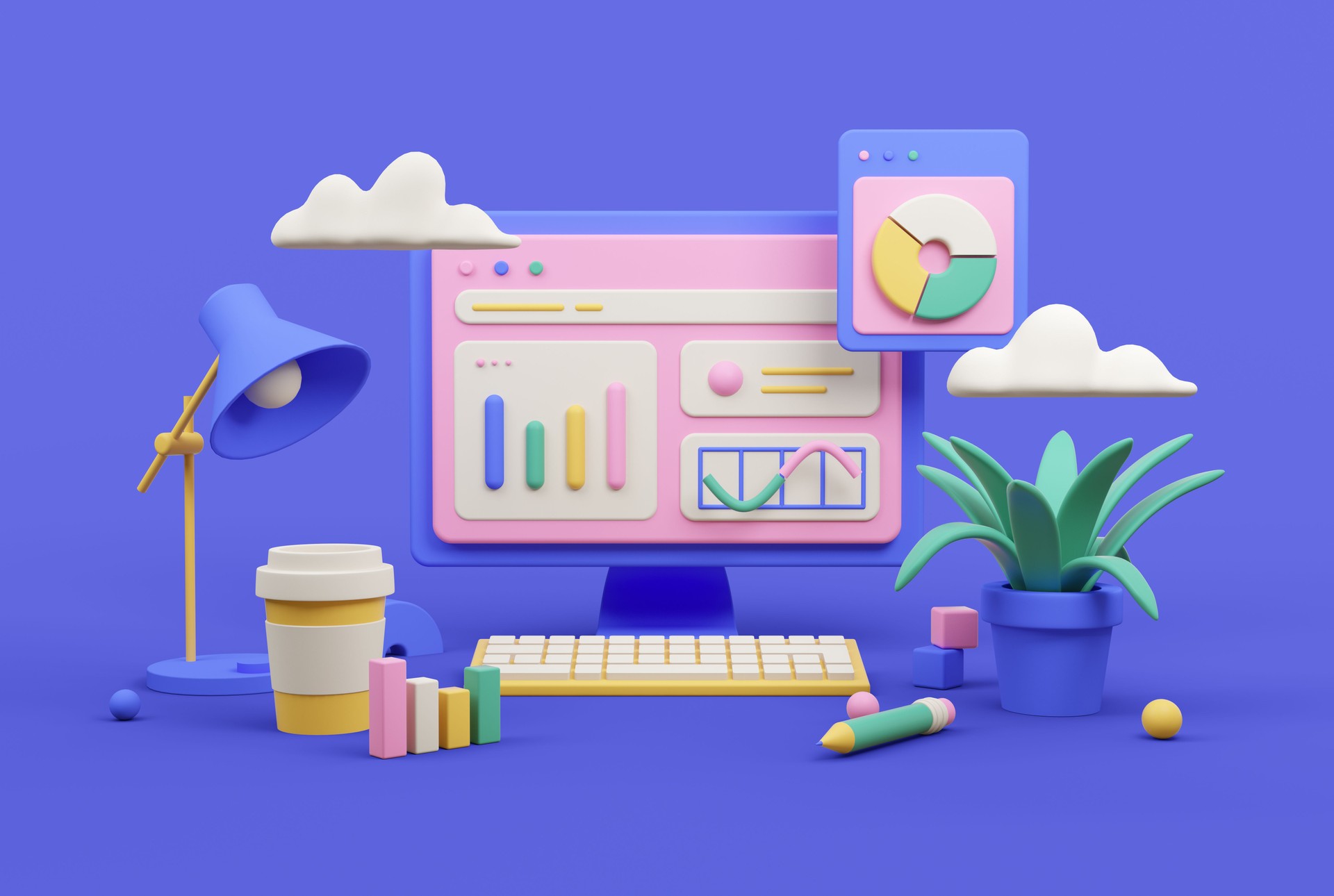 Workplace 3d render. Business and finance analytics theme.