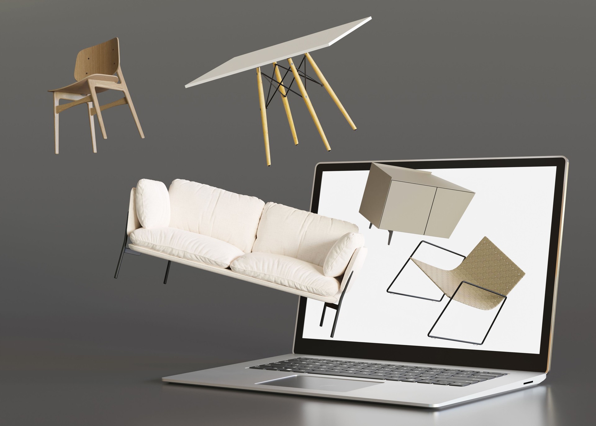Laptop with flying furniture. Shopping online. Furniture shop, interior details. Furnishings sale or interior project concept. Buy sofa, table, chair, commode via internet. E-commerce. 3d rendering.
