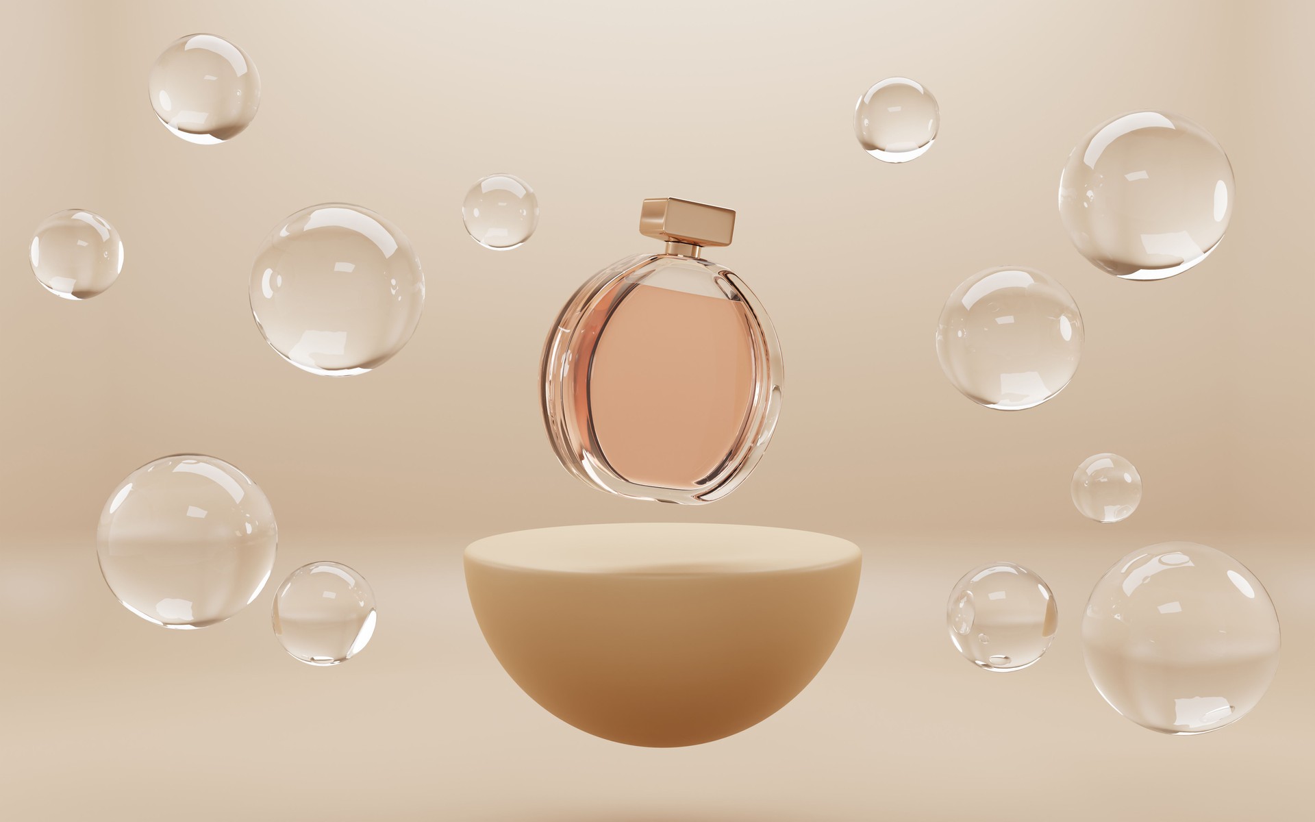 Perfume glass bottle on golden podium with soap water bubbles mock up banner, beauty skin care cosmetics tube on abstract geometric stage, product ad on showroom platform. Realistic 3d illustration